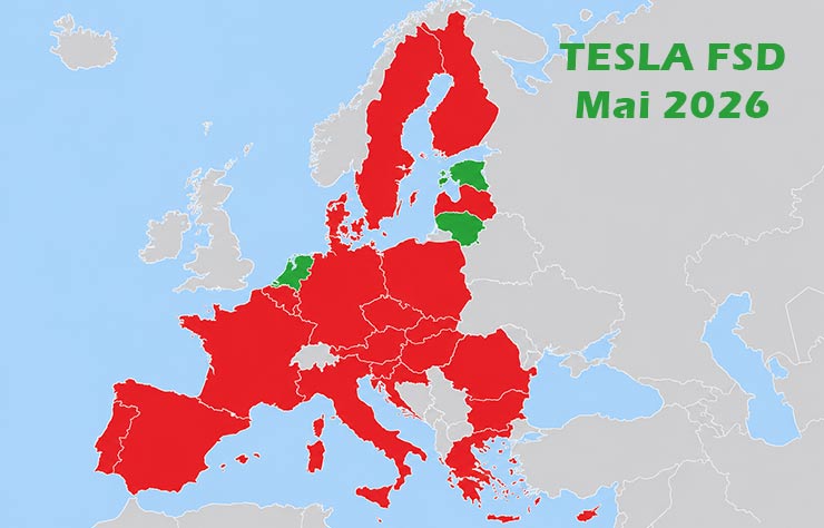 carte de l'union européenne des pays qui ont autorisé la conduite autonome de Tesla