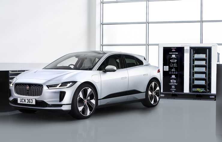 Jaguar I-Pace devant une batterie stationnaire Jaguar