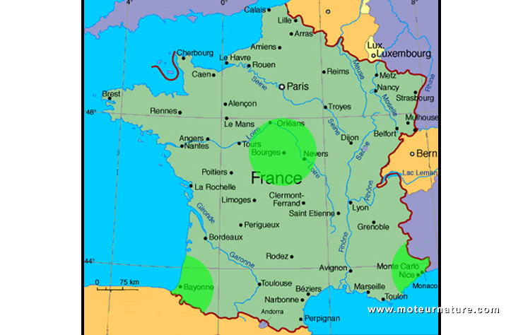 Carte de France de la limite des 100 km