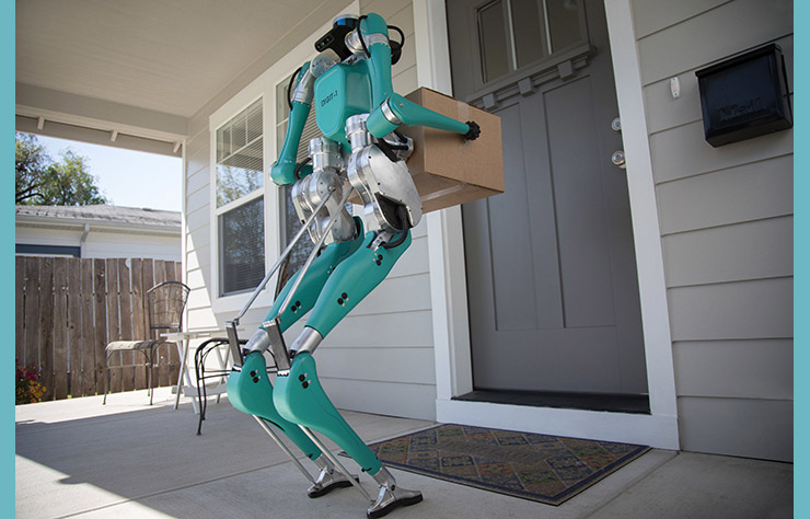 Robot d'Agility Robotics dans une fourgonette de livraison Ford